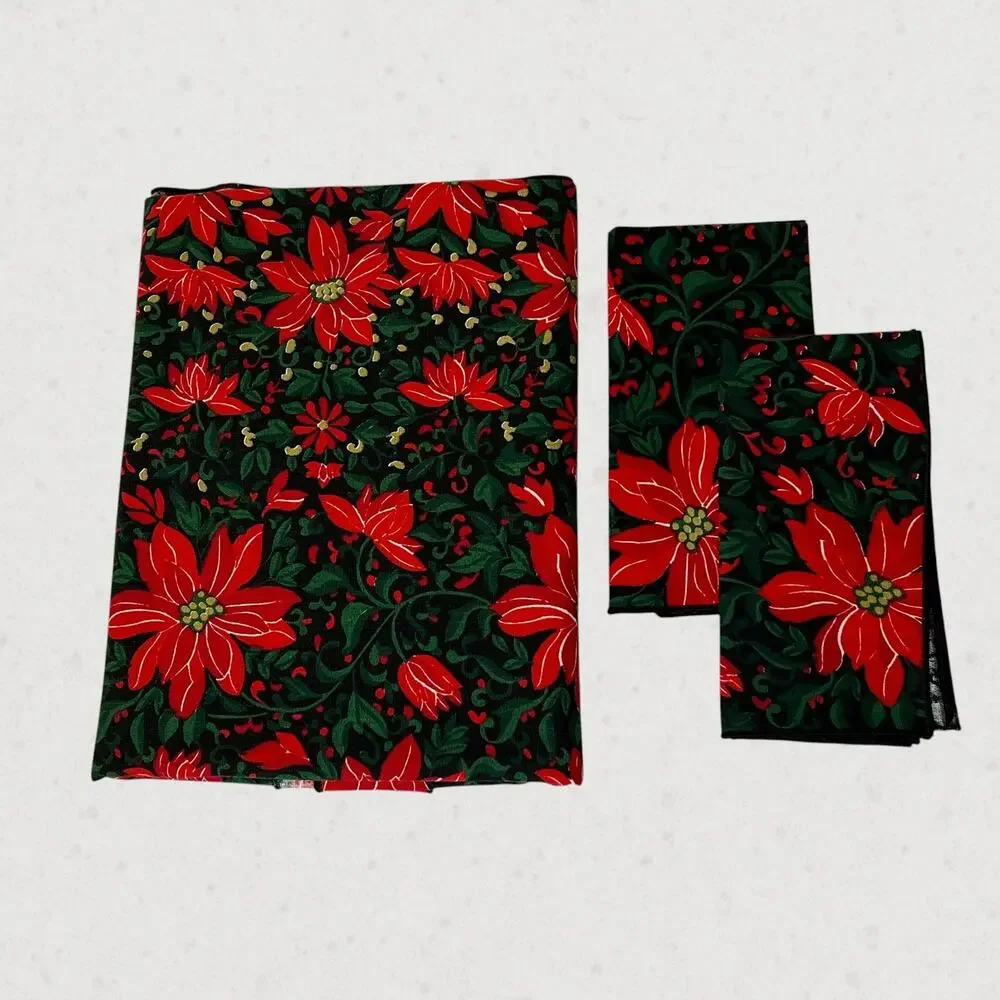 Vera Neumann Signed Vtg Tablecloth 2 Napkins Set Black Red Poinsettia MCM 49x52